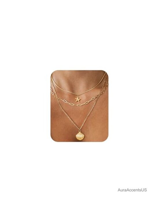 Jewelry - 14k Gold Plated Starfish & Seashell Layered Necklace Set, Adjustable Chain, Non
